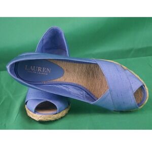 Lauren Ralph Lauren Blue Espadrille Wedge Sandals Peep Toe Cecelia 7.5B